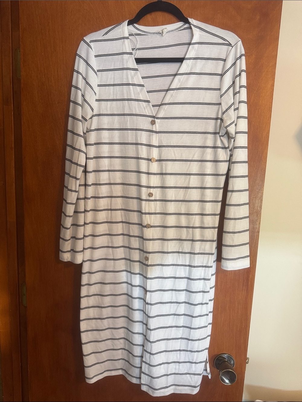 Striped Long Sleeve Button-Front Sleep Dress - White with Black Stripes